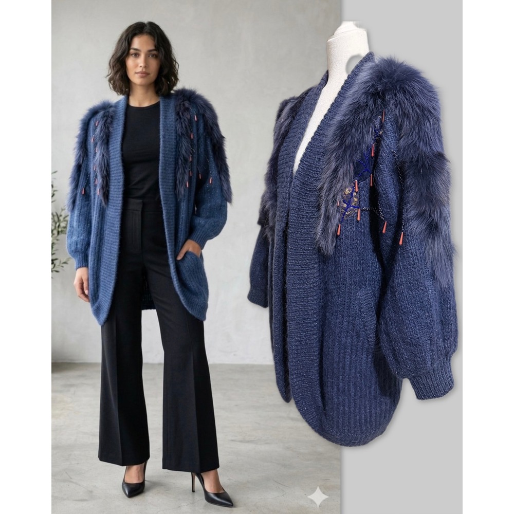 Vintage 80s Blue Mohair Wool Blend Fur Trim Beaded Metallic Cardigan Sweater